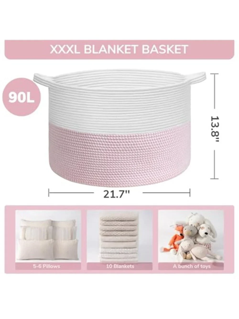 New XXXLarge Woven Rope Blanket Basket Living Room Pink, 90L
